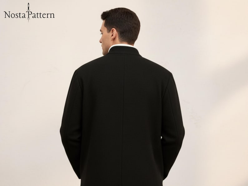 May include: A black coat with a mandarin collar and long sleeves. The person is viewed from the back, with the white collar of a shirt visible. The brand name "Nosta Pattern" is in the upper left corner.