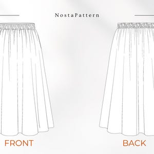 May include: Line drawing of a skirt pattern, front and back views. The skirt has a gathered waistband and a flowing, flared shape. The text "NostaPattern" is at the top. The word "FRONT" is below the front view, and "BACK" is below the back view.