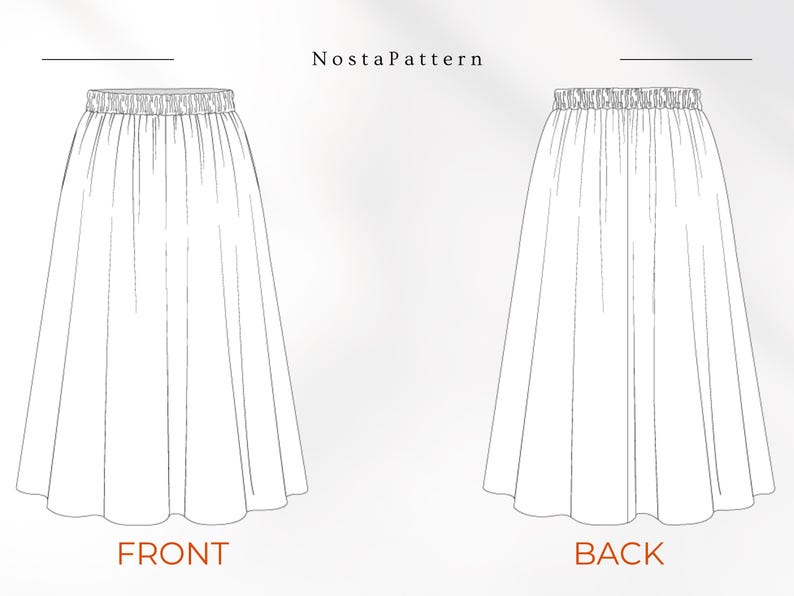 May include: Line drawing of a skirt pattern, front and back views. The skirt has a gathered waistband and a flowing, flared shape. The text "NostaPattern" is at the top. The word "FRONT" is below the front view, and "BACK" is below the back view.