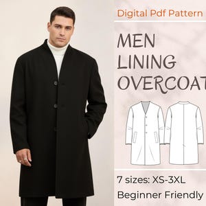 Op de afbeelding: Een zwarte overjas met drie knopen, gedragen over een witte coltrui. De afbeelding bevat een digitaal PDF-patroon voor een gevoerde overjas, met maten XS-3XL en beginnersvriendelijke instructies.