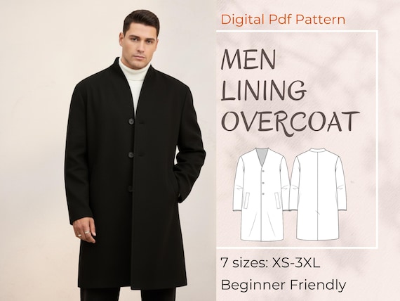 Men Coat Pattern, Easy Winter Overcoat With Lining, Long Trench Jacket Sewing Pattern, Men's Casual Coat DIY, Beginner Friendly, XS-XXXL