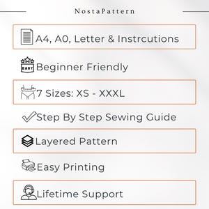 May include: A NostaPattern informational graphic listing sewing features: A4, A0, and Letter formats with instructions, beginner friendly, 7 sizes from XS to XXXL, step-by-step sewing guide, layered pattern, easy printing, and lifetime support.