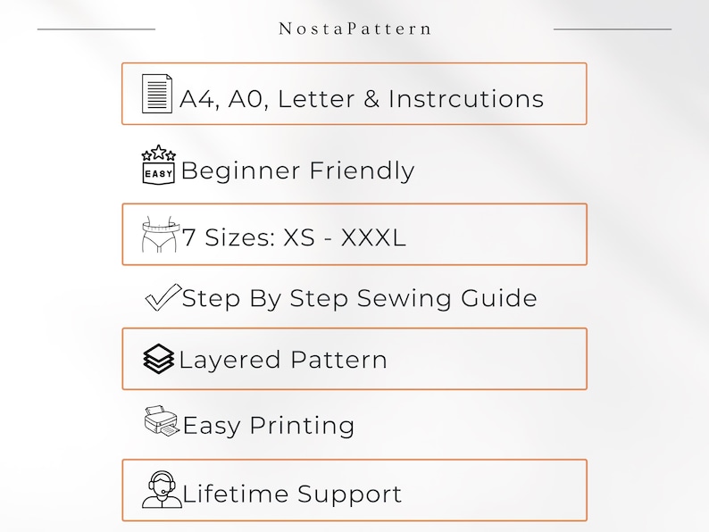 May include: A NostaPattern informational graphic listing sewing features: A4, A0, and Letter formats with instructions, beginner friendly, 7 sizes from XS to XXXL, step-by-step sewing guide, layered pattern, easy printing, and lifetime support.