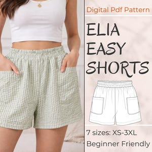 Könnte beinhalten: Hellgrüne und weiß gestreifte Shorts mit Taschen. Die Shorts sind Teil eines digitalen PDF-Schnittmusters namens "ELIA EASY SHORTS". Das Schnittmuster ist in 7 Größen von XS bis 3XL erhältlich und ist für Anfänger geeignet.