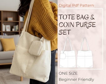 Patrón de costura para bolso de mano (PDF), bolso de lona fácil de llevar con monedero, ideal para principiantes, bolso de hombro con bolsillos.