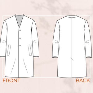 May include: Line drawing of a white coat, front and back views. The front view shows a V-neck, three buttons, and two pockets. The back view shows a seam down the center. The word "FRONT" and "BACK" are written in brown text.