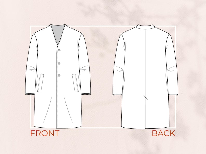 May include: Line drawing of a white coat, front and back views. The front view shows a V-neck, three buttons, and two pockets. The back view shows a seam down the center. The word "FRONT" and "BACK" are written in brown text.