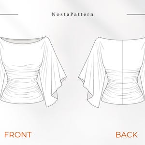 U-Boot-Ausschnitt Top Schnittmuster PDF, Flare Ärmel Bluse T-Shirt Muster, geraffte Taille tailliert Top, Sommer Frauen Top, XS-3XL Anfänger freundlich Bild 6