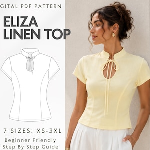 Patrón de costura para blusa de lino, blusa fácil con lazo frontal, patrón PDF para camisa de manga corta, top de verano sin mangas con cuello alto, ideal para principiantes, tallas XS-XXXL