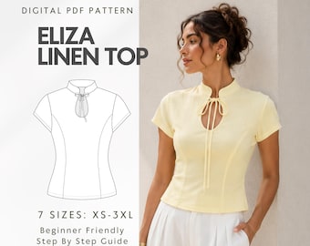 Linen Top Sewing Pattern, Easy Tie Front Blouse, Short Sleeve Shirt PDF Pattern, Summer Tank Top With High Neck, Beginner Friendly, XS-XXXL