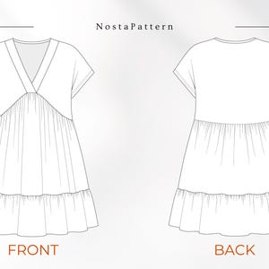 May include: A black and white technical line drawing of a dress labeled NostaPattern. The front view shows a V-neckline with short sleeves and a gathered skirt section. The back view displays a simple round neckline and a tiered skirt design.