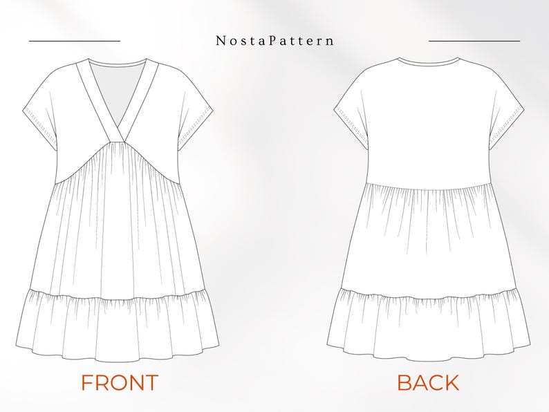 May include: A black and white technical line drawing of a dress labeled NostaPattern. The front view shows a V-neckline with short sleeves and a gathered skirt section. The back view displays a simple round neckline and a tiered skirt design.