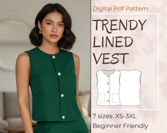 Women’s Vest Sewing Pattern PDF, Lined Buttoned Waistcoat, Trendy Tailored Suit Vest Classic, Beginner Friendly DIY Pattern, XS–3XL