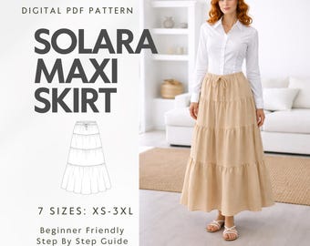 Tiered Maxi Skirt Sewing Pattern, High Waist Ruffle Skirt (PDF Download)