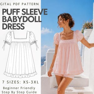 Square Neck Babydoll Dress Sewing Pattern, Puff Sleeve Mini Dress PDF Pattern, Tie Sleeve Loose Summer Dress, Beginner Friendly, XS-XXXL