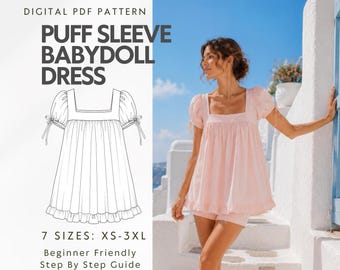 Square Neck Babydoll Dress Sewing Pattern, Puff Sleeve Mini Dress PDF Pattern, Tie Sleeve Loose Summer Dress, Beginner Friendly, XS-XXXL