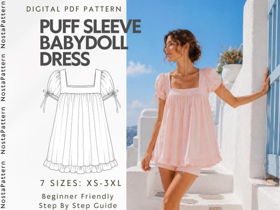 Square Neck Babydoll Dress Sewing Pattern, Puff Sleeve Mini Dress PDF Pattern, Tie Sleeve Loose Summer Dress, Beginner Friendly, XS-XXXL