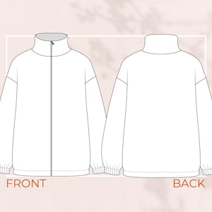 Puede incluir: Ilustraci&oacute;n de una chaqueta blanca, vistas delantera y trasera. La vista frontal muestra una cremallera completa y la palabra "FRONT" en marr&oacute;n. La vista trasera muestra la palabra "BACK" en marr&oacute;n. La chaqueta tiene cuello alto y pu&ntilde;os el&aacute;sticos.