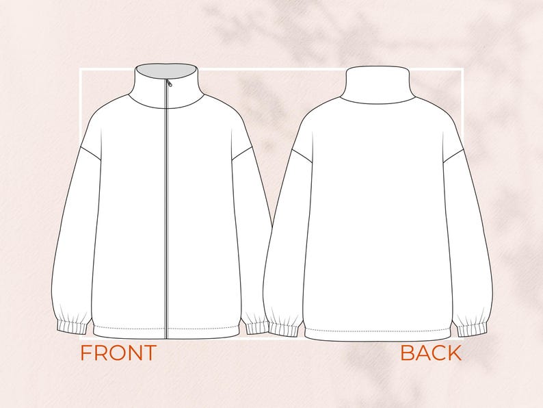Puede incluir: Ilustraci&oacute;n de una chaqueta blanca, vistas delantera y trasera. La vista frontal muestra una cremallera completa y la palabra "FRONT" en marr&oacute;n. La vista trasera muestra la palabra "BACK" en marr&oacute;n. La chaqueta tiene cuello alto y pu&ntilde;os el&aacute;sticos.