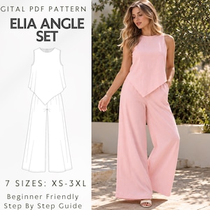 May include: A digital PDF pattern for the Elia Angle Set, featuring a sleeveless top with an asymmetrical pointed hem and wide-leg trousers. The set is shown in a light pink color, with technical line drawings and text indicating 7 sizes XS-3XL.