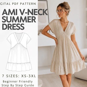 Op de afbeelding: Een digitaal PDF-patroon voor een Ami zomerjurk met V-hals, met een lijntekening van een jurk met korte mouwen, een V-hals en een gelaagde rok. De tekst luidt Digital PDF Pattern, Ami V-neck Summer Dress, 7 Sizes: XS-3XL, Beginner Friendly.