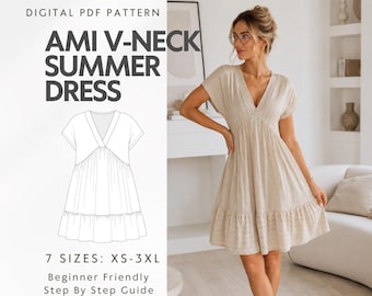 V Neck Mini Dress Sewing Pattern PDF, Ruffle Hem Summer Dress Pattern, Women Tunic Dress PDF Pattern, Batwing Sleeve Dress For Beginner