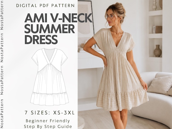 V Neck Mini Dress Sewing Pattern PDF, Ruffle Hem Summer Dress Pattern, Women Tunic Dress PDF Pattern, Batwing Sleeve Dress For Beginner