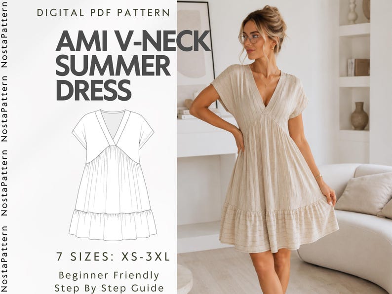 May include: A digital PDF pattern for an Ami V-neck summer dress, featuring a line drawing of a short-sleeved dress with a V-neckline and a tiered skirt. The text reads Digital PDF Pattern, Ami V-neck Summer Dress, 7 Sizes: XS-3XL, Beginner Friendly.
