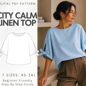 Peut inclure: Un patron de couture numérique PDF pour un haut en lin City Calm, présentant un dessin au trait d'un haut bleu clair avec des manches mi-longues et des détails de nœuds sur les côtés. Le patron inclut sept tailles du XS au 3XL et un guide.