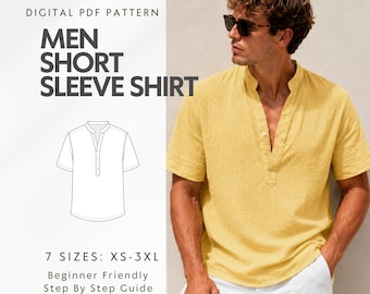 Men Short Sleeve Shirt PDF Sewing Pattern, Easy Summer Linen Top Men, V-Neck beach wear For Guys, Loose Fit Blouse Half Button, XS-XXXL