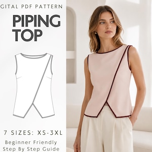 Puede incluir: Un patrón de costura digital en PDF para una blusa sin mangas titulada Piping Top. El diseño presenta un cuerpo de color rosa claro con ribetes de color rojo oscuro a lo largo del escote y el panel frontal diagonal. Incluye 7 tallas de XS a 3XL.