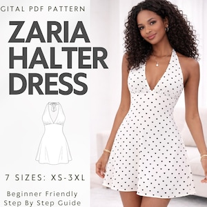 Patrón de costura para minivestido con cuello halter, escote en V romántico, espalda descubierta ajustada (PDF)