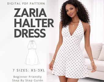 Halter Neck Mini Dress Sewing Pattern, Romantic V Neck, Fitted Backless (PDF)