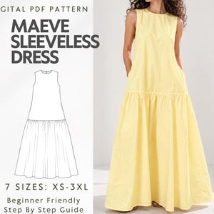 Tiered Maxi Dress Sewing Pattern PDF, Sleeveless Drop Waist Dress, Pockets dress, Loose Fit dress, Beginner Summer Dress Pattern, XS-3XL