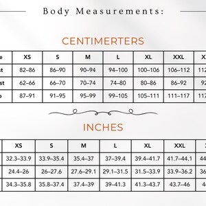 May include: A body measurement chart with two tables labeled Centimeters and Inches. The tables list sizes from XS to XXXL with corresponding bust, waist, and hip measurements in inches and centimeters for accurate garment sizing reference.