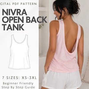 Peut inclure: Un débardeur rose clair à dos ouvert est présenté sur une personne. Le débardeur fait partie d'un patron PDF numérique appelé "NIVRA OPEN BACK TANK". Le patron comprend 7 tailles, de XS à 3XL, et est adapté aux débutants avec un guide étape par étape.