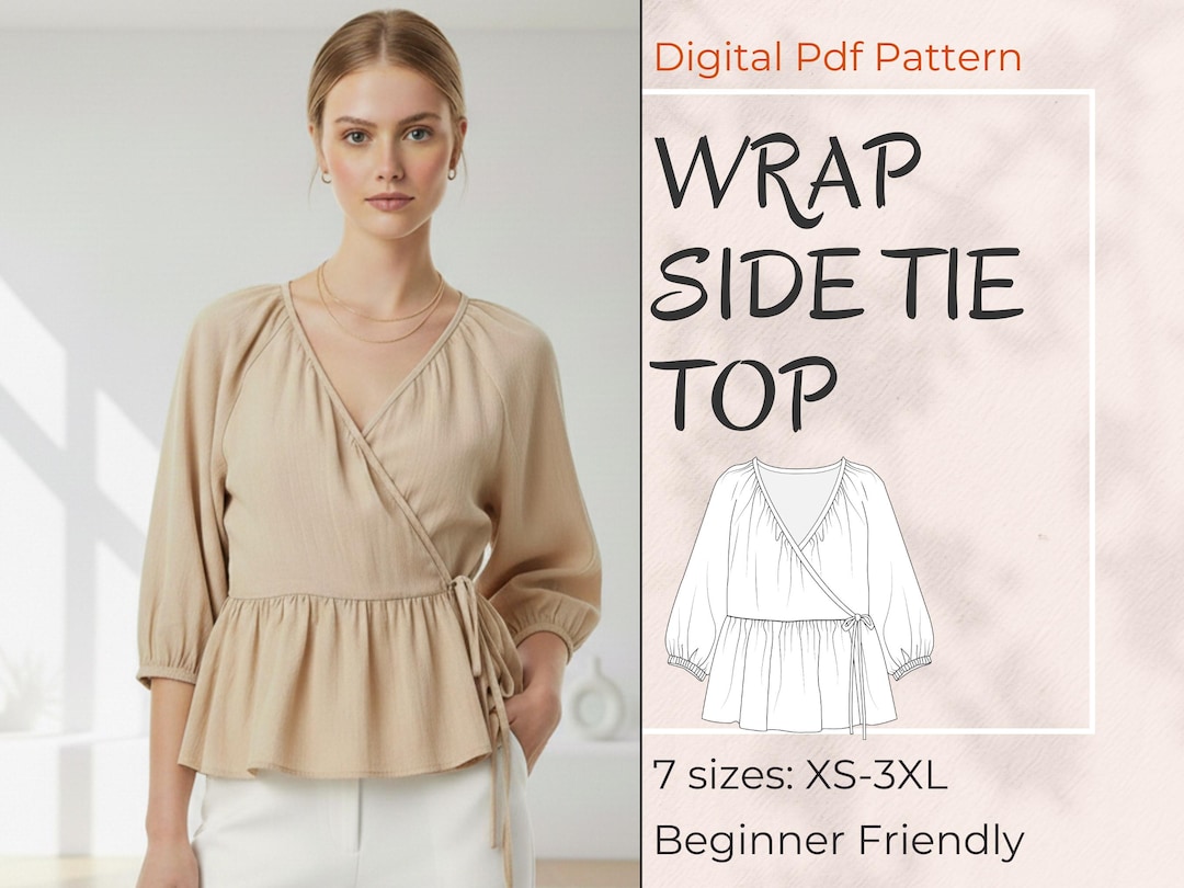 Wrap Side Tie Top Sewing Pattern, Bishop Sleeve Ruffle Peplum Blouse ...