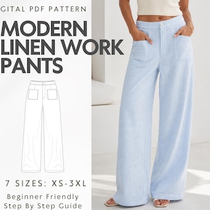 Könnte beinhalten: Hellblaue, weit geschnittene Leinenhose mit zwei aufgesetzten Vordertaschen, Knopfverschluss und Bund. Das Bild enthält den Text DIGITAL PDF PATTERN MODERN LINEN WORK PANTS 7 SIZES: XS-3XL Beginner Friendly Step By Step Guide.
