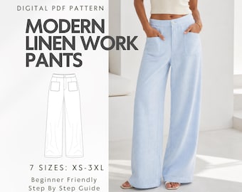 May include: Light blue wide-leg linen pants with two front patch pockets, a button closure, and a waistband. The image includes text reading DIGITAL PDF PATTERN MODERN LINEN WORK PANTS 7 SIZES: XS-3XL Beginner Friendly Step By Step Guide.