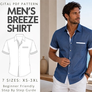 Peut inclure: Un patron PDF numérique pour une chemise à manches courtes boutonnée intitulée Men's Breeze Shirt. Le modèle présente une chemise bleue avec des bordures blanches sur le col, les poignets et la poche poitrine. 7 tailles de XS à 3XL.