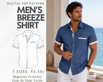 May include: A digital PDF pattern for a short-sleeved button-down shirt titled Men's Breeze Shirt. The design features a blue shirt with white trim on the collar, sleeve cuffs, and chest pocket. The pattern includes 7 sizes from XS to 3XL.
