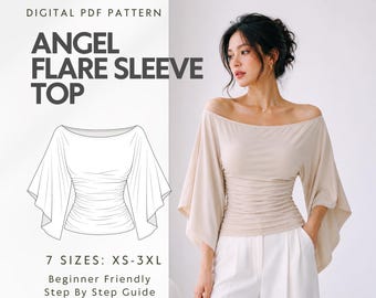 May include: A digital PDF pattern for an angel flare sleeve top, featuring a line drawing of the garment with a wide off-the-shoulder neckline and ruched bodice. The text reads: DIGITAL PDF PATTERN, ANGEL FLARE SLEEVE TOP, 7 SIZES: XS-3XL.