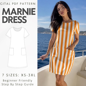 Puede incluir: Un patrón digital en PDF para el vestido Marnie, con un dibujo lineal de un vestido de manga corta con dos bolsillos delanteros. El patrón incluye 7 tallas de la XS a la 3XL y una guía paso a paso para un vestido con rayas verticales naranjas y blancas.