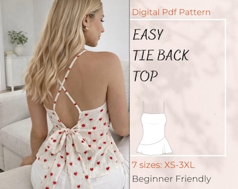 May include: A cream-colored tie-back top with a red heart pattern. The top has a crisscross back design and a bow at the waist. The image also includes text that says "EASY TIE BACK TOP" and "Beginner Friendly".