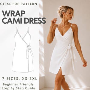 May include: A digital PDF pattern for a wrap cami dress, featuring a line drawing of a sleeveless dress with thin straps and a side tie closure. The text reads: DIGITAL PDF PATTERN, WRAP CAMI DRESS, 7 SIZES: XS-3XL, Beginner Friendly Step By Step Guide.