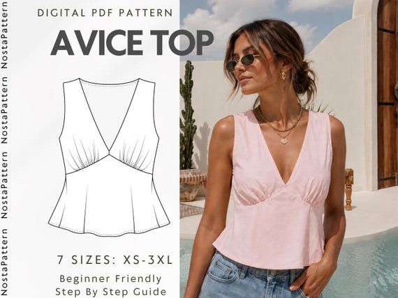 V Neck Cami Top Sewing Pattern, Peplum Top With Back Ties Waist, Easy Women Summer Tank Top, Linen Y2k Top Blouse Beginner Pattern, XS-XXXL