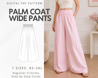 May include: Digital PDF pattern for Palm Coat Wide Pants. The image shows a woman wearing pink and white striped wide-leg pants. The pattern includes 7 sizes, from XS to 3XL, and is beginner-friendly. The text on the image says "Step By Step Guide".