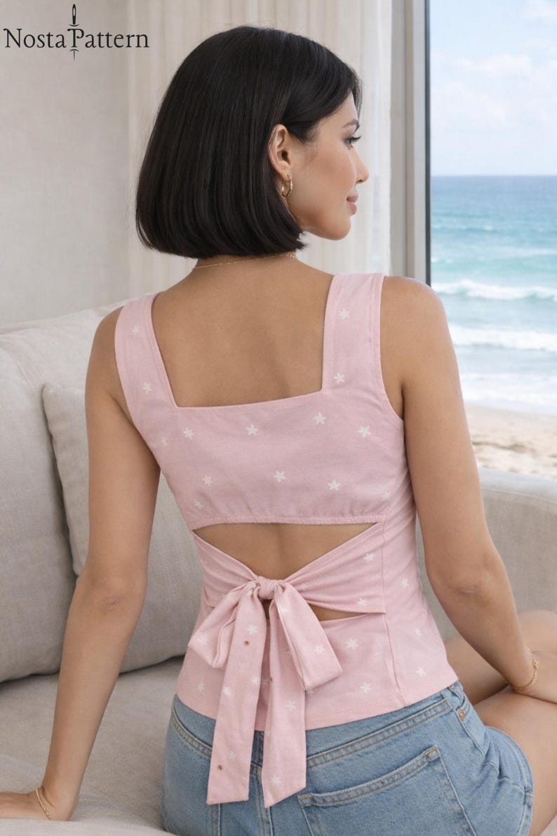 Open Back Bow Tie Top Pdf Sewing Pattern, Easy Square Neck Blouse for ...