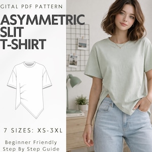 May include: A digital PDF pattern for an asymmetric slit t-shirt. The image shows a light green t-shirt with a side slit, and a line drawing of the shirt. Text on the image reads "7 Sizes: XS-3XL" and "Beginner Friendly Step By Step Guide".