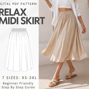 May include: A digital PDF pattern for a Relax Midi Skirt. The image shows a sketch of the skirt and a woman wearing a beige midi skirt. The pattern includes 7 sizes, from XS to 3XL, and is beginner-friendly with a step-by-step guide.
